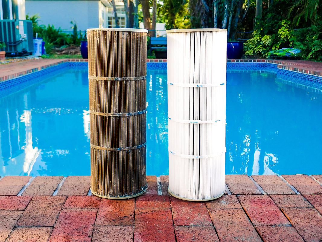 Side by side view of a dirty pool filter on the left and a clean pool filter on the right